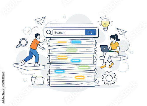 Document Lookup. Search bar connected to stacked files, highlighted keywords glowing softly.