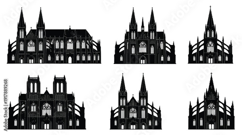 black silhouettes of gothic church buildings with spires and windows on white background