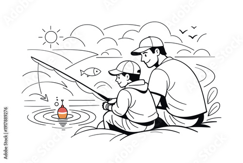 Peaceful fishing moment together. Father and child watching a bobber on the water, relaxed posture and quiet