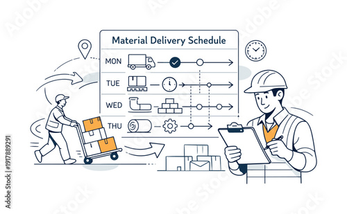 Material delivery schedule. Worker checking a clipboard while boxes arrive on a cart, arrows