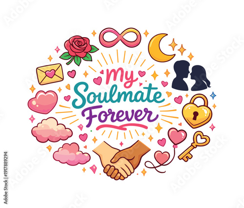 My Soulmate Forever. Hand drawn illustration of My Soulmate Forever. infinity heart, clasped hands, couple