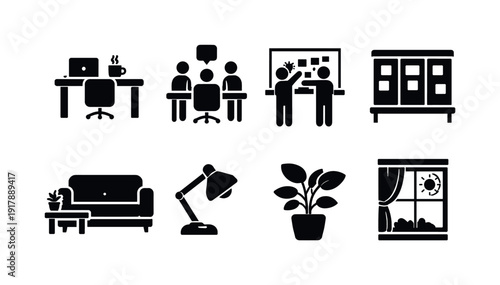 Shared work environments. Filled icon set of Shared work environments: hot desk, people
