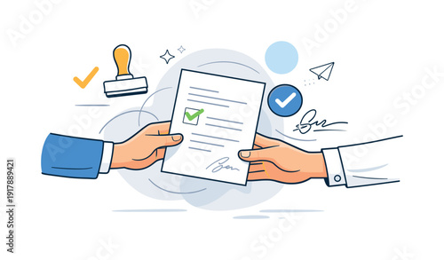 Document Approval Process. Hands passing a reviewed document forward, stamp and signature icons hovering