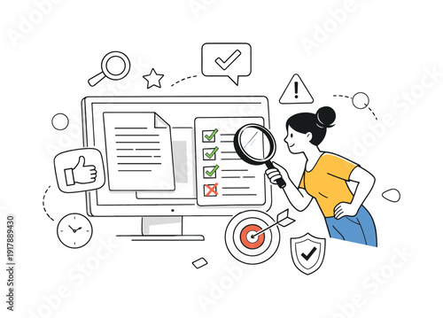 Content Review. Person scanning pages on a screen with a checklist, focused attention and quality control.