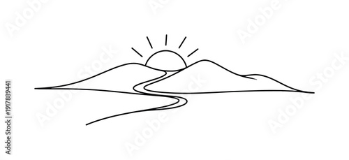 "Land as Symbol". Minimalistic one-line drawing a simplified terrain reduced to a meaningful