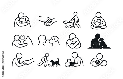 Pets with their owners and human-animal bonds. Line outline icon set of Pets with their owners and