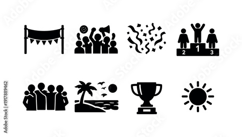 Beach sports tournament. Filled icon set of Beach sports tournament: tournament banner,