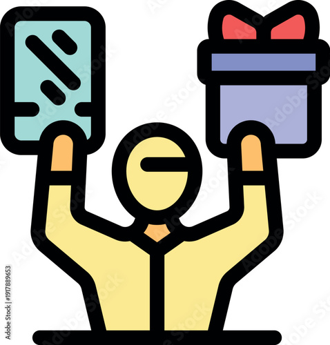 Businessman lifting a gift box and a credit card, symbolizing rewards programs, customer loyalty, and exclusive benefits