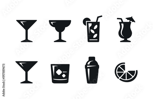 Colorful cocktails. Filled icon set of Colorful cocktails: martini glass, margarita glass, mojito glass, pina