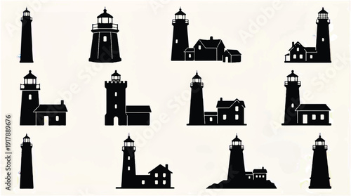 black silhouettes of various lighthouses and houses on beige background