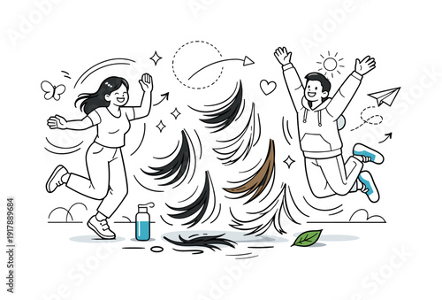 Hair transformation scene. Falling hair mid-air above the floor, curved paths emphasizing