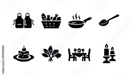 Friends meal preparation. Filled icon set of Friends meal preparation: apron pair, ingredient basket, sauté
