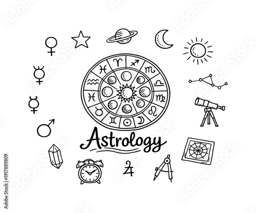 Astrology tools. Hand-drawn doodle illustration of astrology tools. In the middle, one