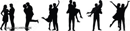 Romantic couple silhouettes collection isolated on white background, loving pairs in dancing and hugging poses, black vector illustration set for wedding and Valentine design