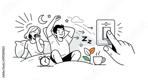 Turning off the lights. Finger pressing a switch as light rays fade into simple abstract shapes. Calm,