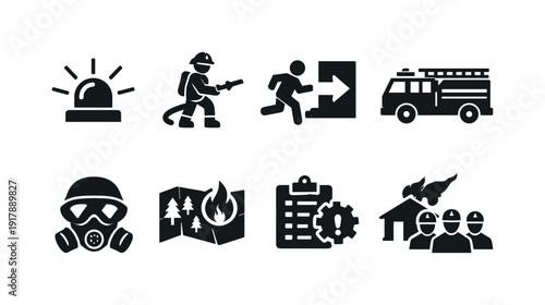 Wildfire emergency. Filled icon set of Wildfire emergency: emergency siren, firefighter response, evacuation