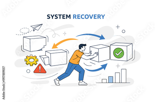 System Recovery. Abstract system blocks briefly disconnected, character guiding them back into alignment,