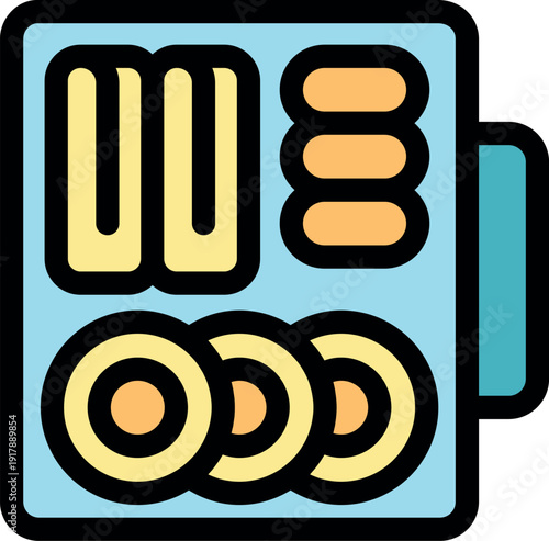 Colorful bento box filled with various japanese food, including noodles, meatballs, and spring rolls, representing a balanced and visually appealing meal