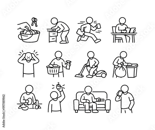 Daily household moments. Line outline icon set of Daily household moments: searching keys, checking drawers,