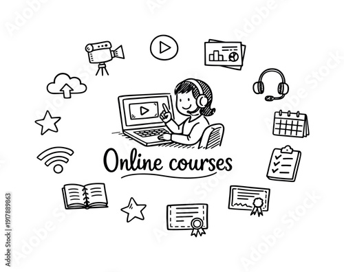 Online course creation. Hand-drawn doodle illustration of online course creation. In the middle, one slightly