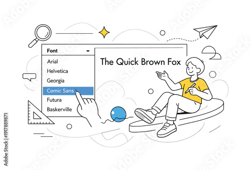 Type Selection Tool. Hand selecting a font style from a clean dropdown, preview text updating smoothly nearby.
