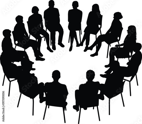 People sitting in circle silhouette, group discussion or therapy meeting icon in black and white, teamwork communication concept for community, counseling, support groups, and social illustration