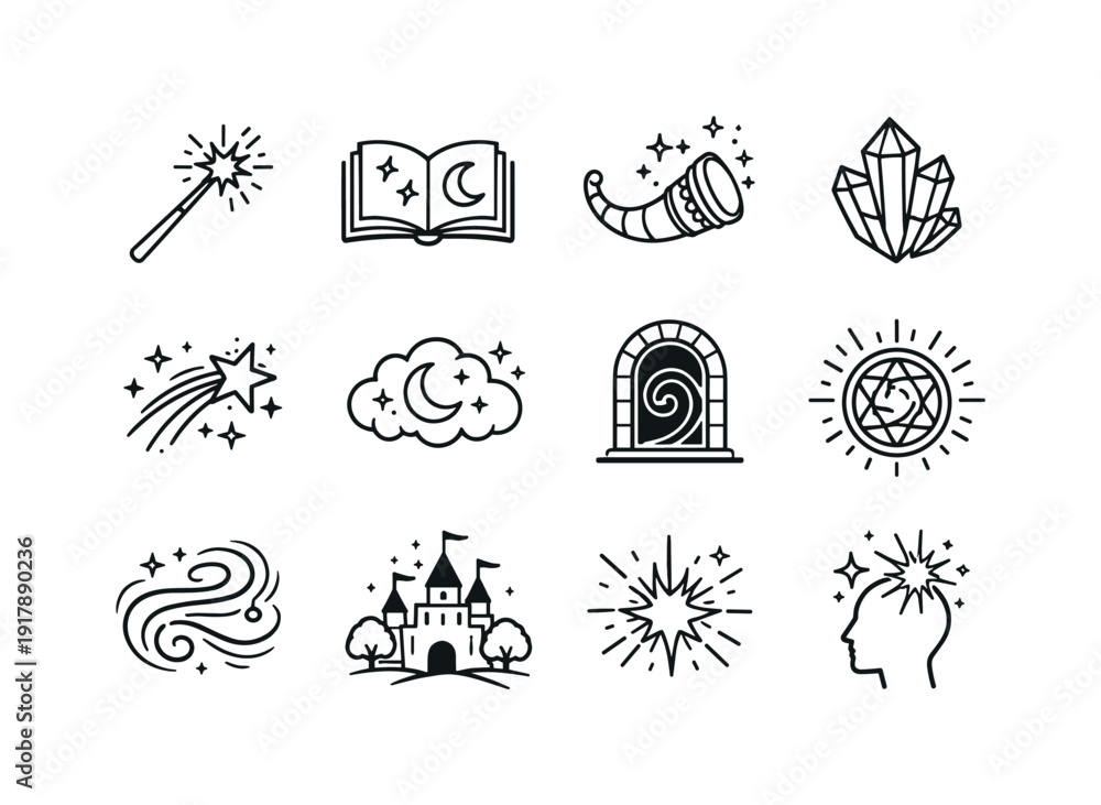 Obraz premium Magical fantasy themes. Line outline icon set of Magical fantasy themes: magic wand, spell book, enchanted