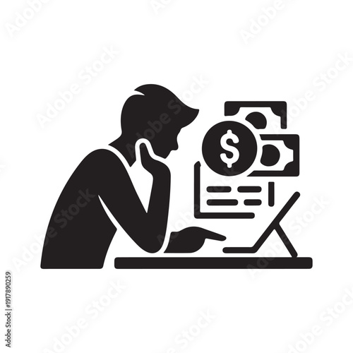 Man at computer with money and charts, illustrating online finance and digital income