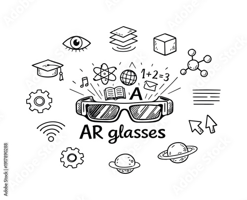 AR glasses education. Hand-drawn doodle illustration of AR glasses education. In the middle, one slightly
