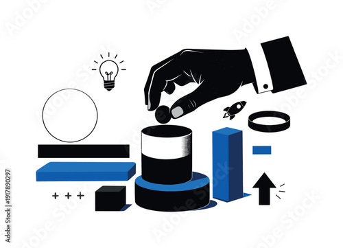 A conceptual symbolic assembly illustration featuring a black-and-white retro hand assembling floating