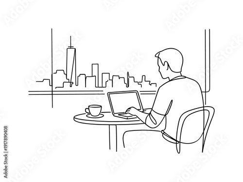 Remote Work Lifestyle. Minimalistic one-line drawing individual at small café table with