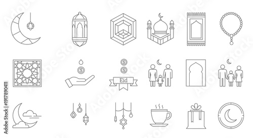 Islamic eid symbols collection with moon lantern mosque and prayer rug