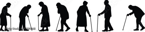 Silhouette Collection of Elderly People Walking with Cane, Senior Men and Women Aging Concept Isolated on White Background, Old Age Mobility Illustration
