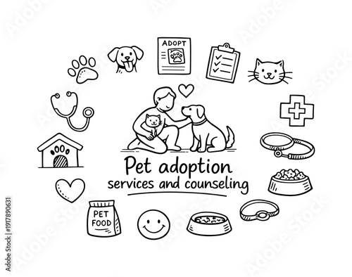 Pet adoption services and counseling. Hand-drawn doodle illustration of Pet adoption