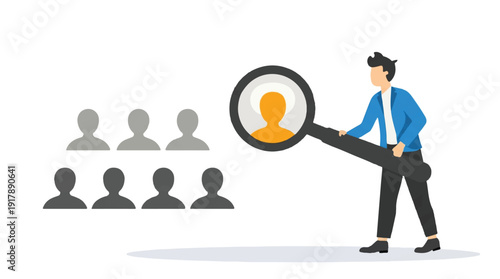 Businessman using magnifying glass to focus on individual person from group