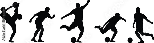 Silhouettes of soccer players in various poses with balls black
