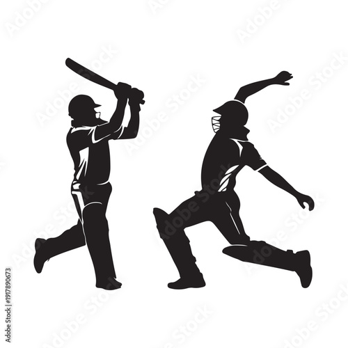 Dynamic silhouette of a cricket batsman hitting a shot, with a fielder in action