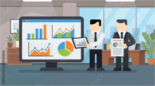 Businessmen analyzing data on computer screen in modern office setting with graphs and charts