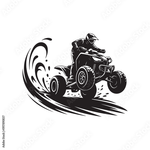 Dynamic silhouette of a person riding an ATV, kicking up dirt and spray.