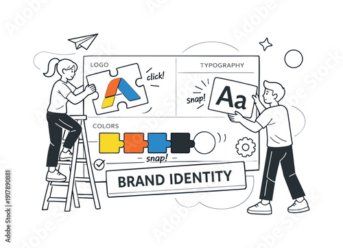Brand Identity. Character assembling logo, color swatches, and typography into a unified brand board, elements