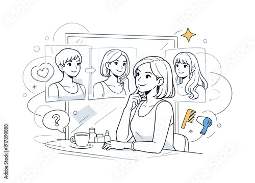 Virtual hairstyle preview. Customer looking at mirror with augmented digital screen overlay,