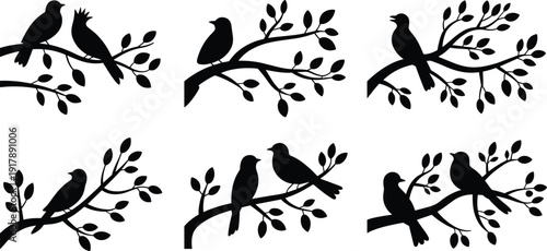 Bird silhouettes sitting on leafy branches set, pairs and single birds, nature wildlife black vector illustration isolated white background