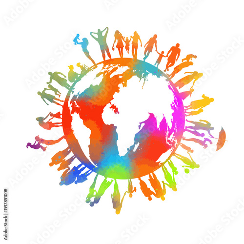 Abstract colorful world and happy people. Silhouettes of people around the globe. hand drawn. Not AI, Vector illustration