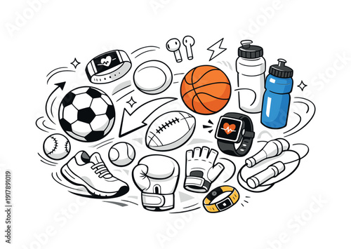 Sport and fitness gear essentials. Mix of balls, gloves, bottles, and trackers floating in a dynamic