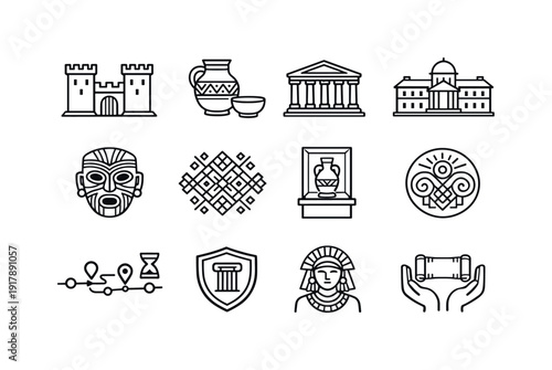 Cultural heritage. Line outline icon set of Cultural heritage: historic monument,