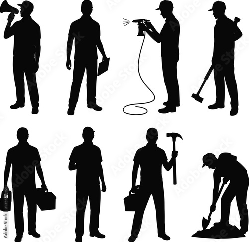 Industrial service worker silhouettes set with tools, professional labor people vector illustration for maintenance, repair, construction, cleaning, utility workforce design