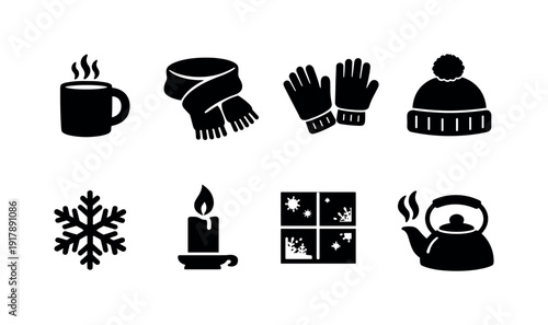 Cold evening comfort. Filled icon set of Cold evening comfort: hot drink mug, scarf, gloves, beanie hat,
