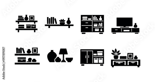Living room storage. Filled icon set of Living room storage: wall mounted shelves, books and