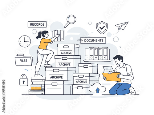 File Archive. Archive boxes and folders neatly stacked, calm sense of order and long-term
