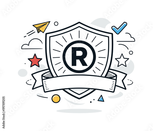 Trademark Badge. Registered symbol inside a clean badge shape, subtle rays emphasizing authenticity. Feeling